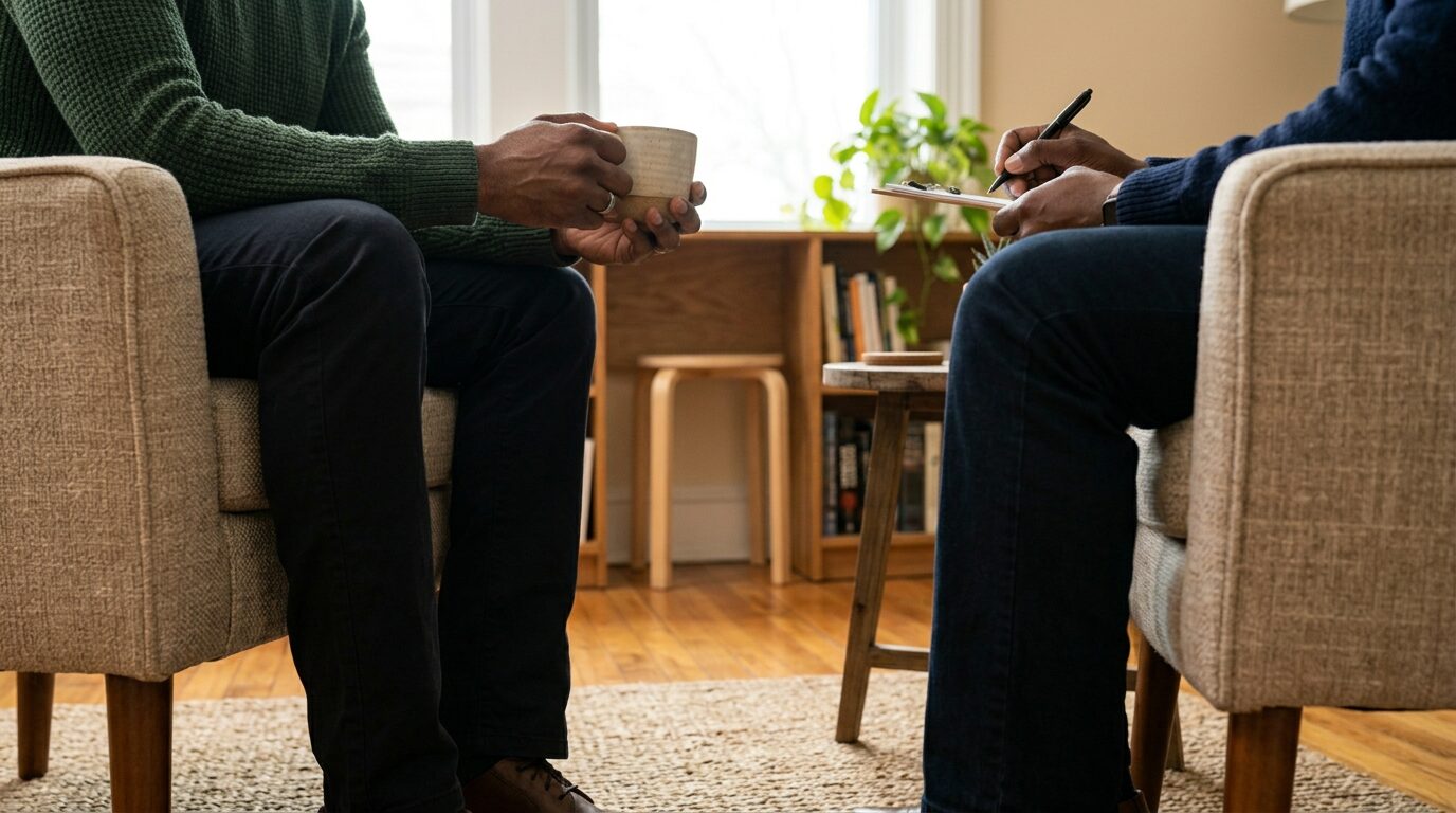 Two people in a therapy session, sitting in comfortable chairs